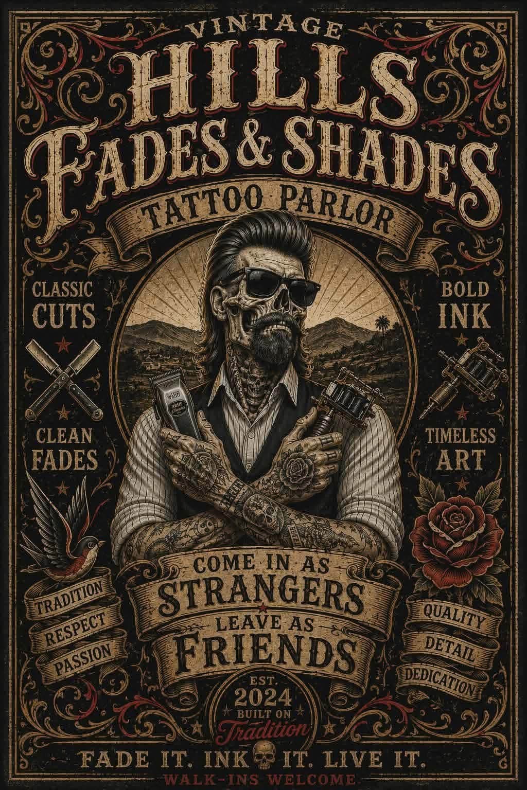 Vintage Hills Fades and Shades artwork with barber and tattoo imagery over a patriotic background